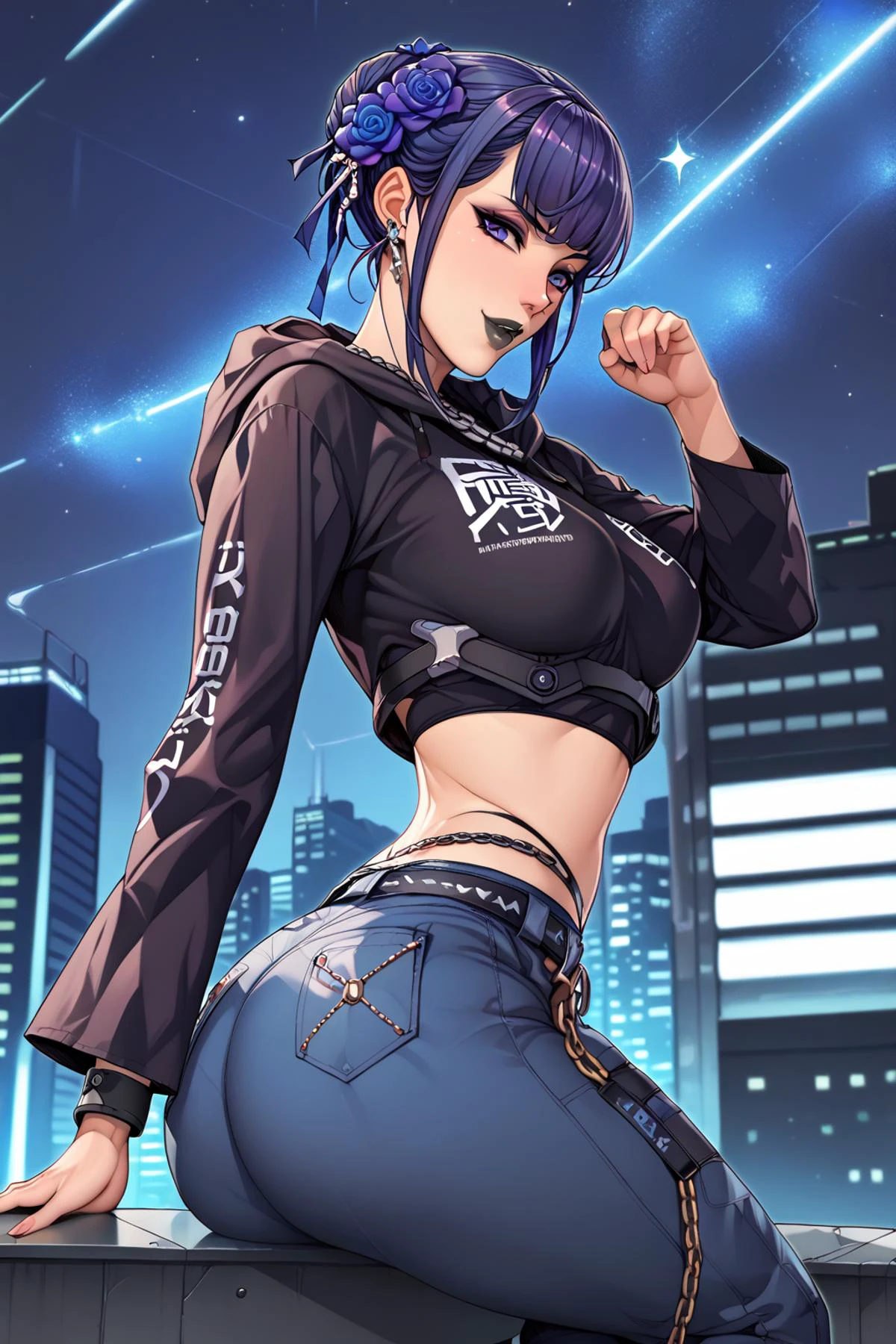 score_9, score_8_up, score_7_up, score9, score8, score7, score6,
BREAK,
1 girl, solo, highly detailed, OverallDetail, goth girl, makeup, black lipstick, purple eyes, blue hair, short hair, single hair bun, japanese hairstyle, black hair flower, medium breasts,
BREAK,
(doggystyle pose :1.5), looking back, back turned, crossed legs, bent back, smirk, dark_techwear, black gloves, belt, hood, blue coat, black shirt, chain, (midriff:1.3), aroused, tilted head, (wide hips:1.3), big ass,
BREAK,
(starry night sky:1.5), futuristic city, neon lights, blue sparkles, <lora:DetailedEyes_V3:1> <lora:dark_techwear:1> <lora:odanon_style_v2:1>