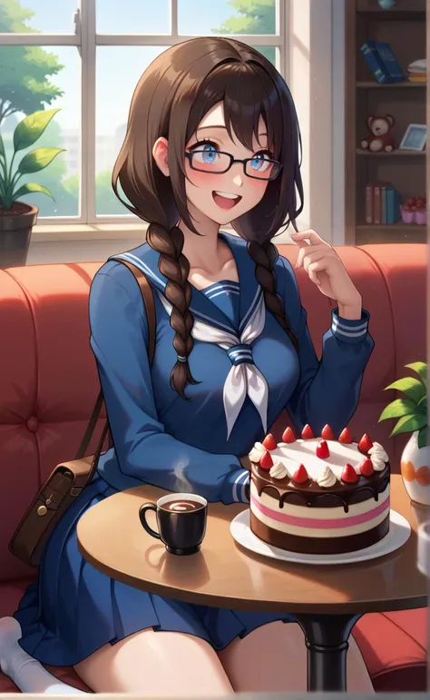 core 9, score_8_up,high quality, very detailed, beautiful, masterpiece,(high detailed skin):1.2,cinematic lighting, dim lighting,BREAK
<lora:yoshidasaki-pdxl-nvwls-v1:0.8>,defSaki, blue eyes, twin braids, hair over shoulders, glasses, navy blue shirt, serafuku, white neckkerchief, long sleeves, pleated skirt, sitting,upper body,
large window,(no shoes:1.2),sweets,cake,plate,couch,bed,toy,pillow,book,satchel,bookshelf,coffee cup,dessert tower,potted plants,plant,teddy bear,Wood floor,reflective floor,soft lighting,table,chair,happy_smile,The street outside the window,high-rise,Cake on the table,
<lora:Pony_DetailV2.0:1>,<lora:sinfully_stylish_PONY_0.2:0.35>BREAK , <lora:Smooth Anime Style LoRA XL:0.6>