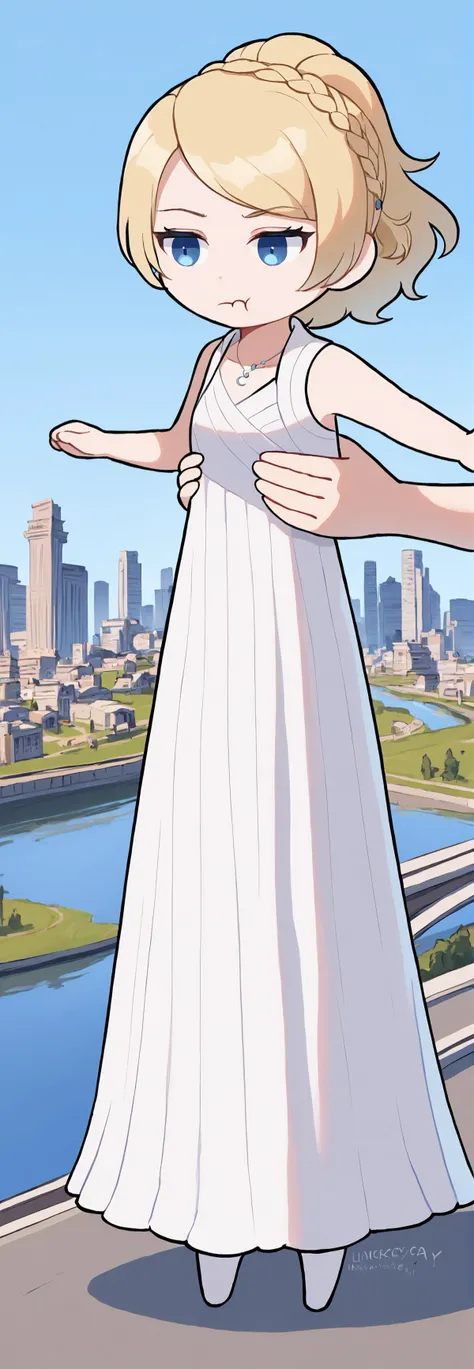 <lora:lunafreya-pdxl-nvwls-v1:0.8> lunafreya, blonde hair, blue eyes, braid, ponytail, necklace, white dress, sleeveless dress, long dress, <lora:LongCatMeme_XLPD:0.8> IncrsXLLCM, full body, chibi, holding person, city, blue sky, river, <lora:Pout_XLPD:0.8> pout, :t, closed mouth, annoyed,, score 9, score 8 up, score 7 up, score 6 up, score 5 up, score 4 up,