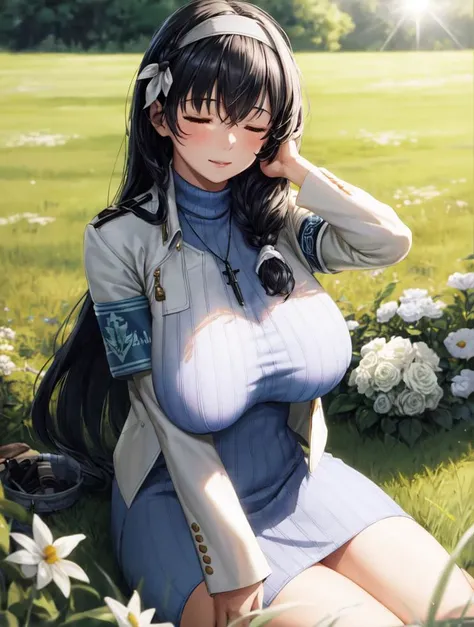 (photorealistic:1.0), (masterpiece:1.10), (best quality:1.10), octane render, 1girl, mature looking, (plus size:0.5), sitting on grass, Half-Closed Eyes, mary, blue sweater, white jacket, cropped jacket, long sleeves, open clothes, ribbed sweater, armband, black long hair, (blush:0.5), white hair band, bangs between eyes, messy hair, (huge breasts:1.0), (plus size:0.5), (smile:0.5), depth of field, (lens flare:1.1), low lighting environment, outdoor, grass field, garden full of flowers, looking at viewer, perspective shot,