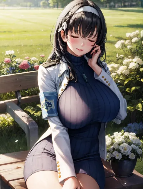 (photorealistic:1.0), (masterpiece:1.10), (best quality:1.10), octane render, 1girl, mature looking, (plus size:0.5), sitting on bench, wooden garden bench, Half-Closed Eyes, mary, blue sweater, white jacket, cropped jacket, long sleeves, open clothes, ribbed sweater, armband, black long hair, (blush:0.5), white hair band, bangs between eyes, messy hair, (huge breasts:1.0), (plus size:0.5), (smile:0.5), depth of field, (lens flare:1.1), low lighting environment, outdoor, grass field, garden full of flowers, looking at viewer, perspective shot,