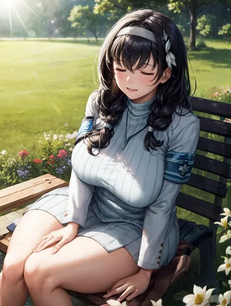 (photorealistic:1.0), (masterpiece:1.10), (best quality:1.10), octane render, 1girl, mature looking, (plus size:0.5), sitting on bench, wooden garden bench, Half-Closed Eyes, mary, blue sweater, white jacket, cropped jacket, long sleeves, open clothes, ribbed sweater, armband, black long hair, (blush:0.5), white hair band, bangs between eyes, messy hair,  (huge breasts:1.0), (plus size:0.5), (smile:0.5), depth of field, (lens flare:1.1), low lighting environment,  outdoor, grass field, garden full of flowers, looking at viewer,  perspective shot,