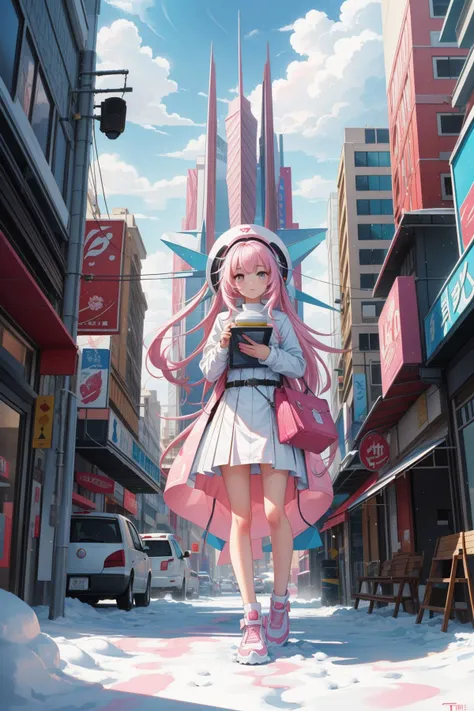 1girl, (graphic design art stylized by Tim Lahan:1.0) , 8k Painting, Royalcore, concept art, surreal, full body shot of a [1900'S:Noxious:15] Surreal White and Pink ("The Caddy":1.3) , detailed Superficial background, crowded city and jungle, Snowy, horizon-centered, Screen print, Cosy, insane details, flat lighting, pinhole lens, Velvia, dreamy, poster art, award winning, pixiv