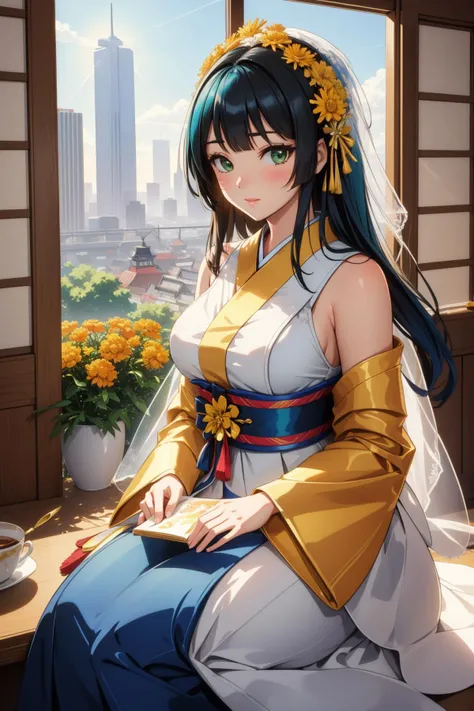 1girl, masterwork Painting, summer cityscape with Oak tree, elegant, Dutch angle shot of a Japonism Art [Arcane|Conscious] traditional [Futuristic:American:16] ([Marigold|wedding cake] of Crushing:1.3) , it is sleek, it is with Rich ornaments, plain DayGlo green and dark blue background, Sunny, shallow depth of field, [ (stylized by Duncan Fegredo:0.8) , (Fan Ho:1.0) :18], Fine art, Cozy, Art Deco, key light, telephoto lens, Cinestill, Crepuscular Rays, Gilded, contest winner, extremely beautiful
