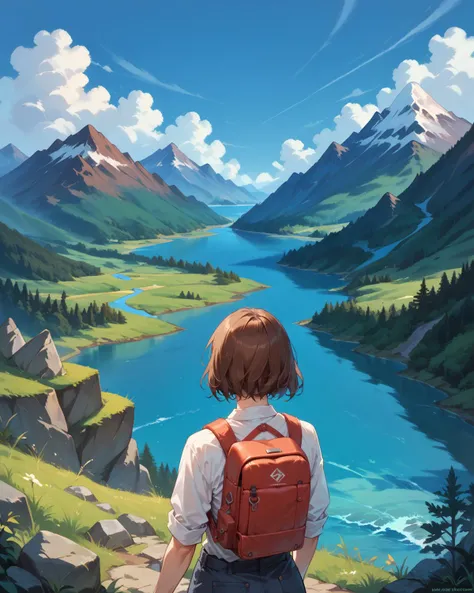 (score_9,score_8_up,score_7_up,score_6_up), 1girl, upper body, from behind, brown hair, solo, backpack, looking at landscape, blue sky, blue river, mountains, depth of field, range of colors, nature, dynamic compositions, scenery,