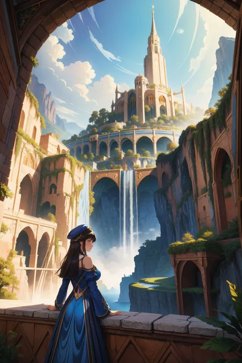 1girl, (realism art stylized by David Ligare:1.2) , fantasy Scratchboard Art of a crowded foliage and Proxima Centauri in background, insane details, landscape of a Imaginative Pastel ([Rivendell|Grotto]:1.3) from inside of a Fort, Winter, Screen print, Energetic, Afrofuturism, side light, Depth of field 100mm, Navy Blue and Mustard neon hue, Paint splotches, sgraffito, UHD, highly detailed
