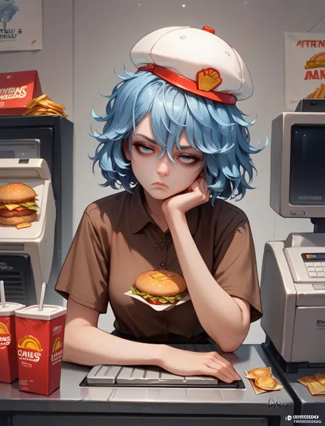 <lora:SDXL_neg4all xl v9.1:1>, score_9, score_8_up, score_7_up, woman, standing, flipping burgers, cash register, brown shirt with mcdonalds logo, light blue hair, short bob, bored, disheveled hair, small mcdonalds hat, bags under eyes, sigh, (bored), extreme detail, intricate, creative image, high resolution, detailed, masterpiece