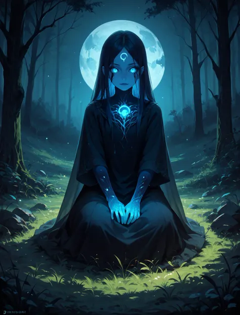 <lora:SDXL_neg4all xl v9.1:1>, score_9, score_8_up, score_7_up, 1girl, adult woman, (dark night), (pitch dark), black forest, (cute girl), translucent skin and glowing bones, jelly skin, sitting, cross legged, grass, glowing eyes, (bioluminescence), dim lighting, moody, extreme detail, intricate, creative image, high resolution, (detailed background)