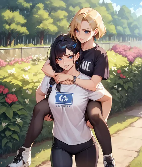 score_9, score_8_up, score_7_up, source_anime, 2girls, multiple girls, blonde hair, blue eyes, black hair, single braid, leggings, t-shirt, carrying, outdoors, <lora:Piggyback:1>,