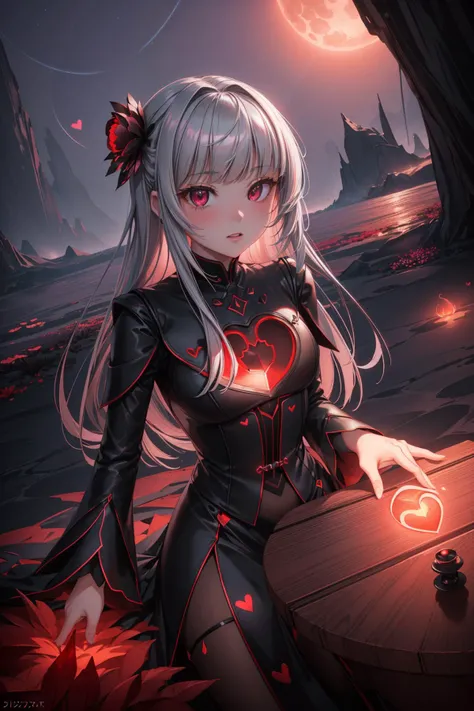 1girl, professional Renderman, elegant, Long exposure of a Daring Minimalist ("Quit playing games with my heart.":1.3) , background is Disruptive flora, dark red mountains and dungeon, at Twilight, horizon-centered, Detailed illustration, Frightening, Bardcore, Moonlight, macro lens, psychedelic colors, Folded Platinum, bloom, beautiful, HDR, artistic