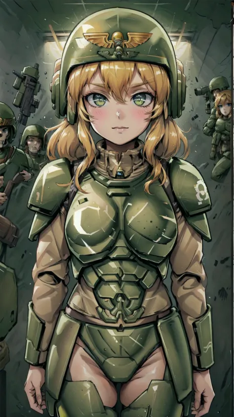 <lora:CadiaChanCitron:0.8> Cadia Chan, 1girl, blonde hair, long hair, astra militarum, helmet, green armor, skull print, <lora:LettersOnShirtV2SD:0.8> WrOnCl, Print-C,