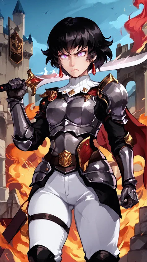 <lora:Fiery_Hair_Pony:0.8> Fiery Hair, <lora:FioraynePDXL_V1-Manityro-adamw:0.8> FioRayne, purple eyes, black hair, short hair, dangle earrings, ArmFio, red cape, military uniform, grey armor, shoulder armor, breastplate, armored gloves, fur belt, white pants, thigh strap, thigh boots, angry, <lora:concept_overshoulder_ponyXL:1> weapon over shoulder, holding weapon, holding sword, motion lines, motion blur, glowing eyes, castle, outdoors, fire, ruins, holding shield,, score 9, score 8 up, score 7 up, score 6 up, score 5 up, score 4 up,