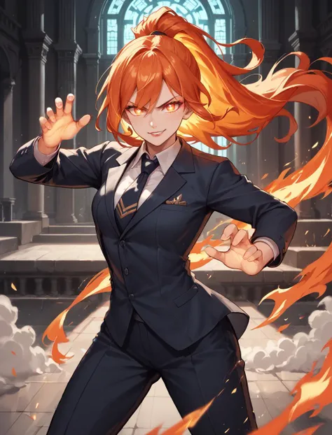 score_9, score_8_up, score_7_up, source_anime, 1girl, dark ruined building, firestorm, (translucent flames, perfect gradients, translucent flames, glowing flames), in business suit, tie, dynamic pose, warrior pose, flames in thrown out arm, slash trail, fire aura, fiery trails, surrounded by fire vortex, glowing hand, in motion, smirk, fiery ponytail, fiery hands, glowing eyes, windswept hair, determined, gritty, looking at viewer, raw, tense, professional illustration, aesthetic, intricate, creative image, high resolution, volumetric lighting, ray tracing, subsurface scattering, renaissance, [abstract],