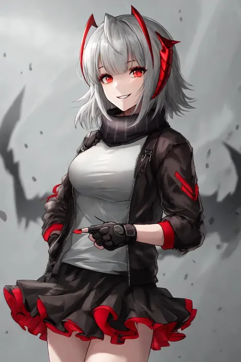 <lora:W:0.8>, w, 1girl, w (arknights), solo, fingerless gloves, gloves, skirt, jacket, scarf, horns, shirt, looking at viewer, black gloves, open clothes, red eyes, smile, black scarf, open jacket, black jacket, short hair, black skirt, grey shirt, red nails, grey hair, breasts, index finger raised, cowboy shot, ahoge, bangs, miniskirt, medium breasts, parted lips, finger to mouth, multicolored hair, nail polish