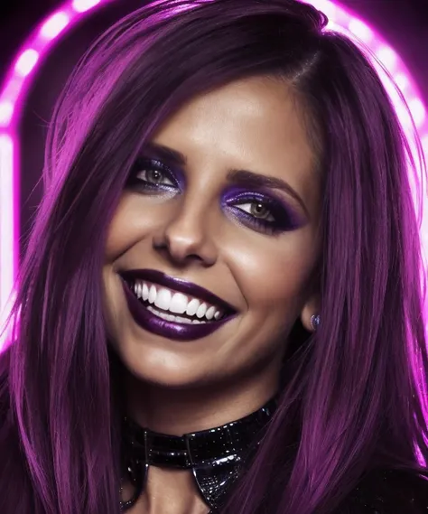 sks woman in a nightclub. Looking into the camera. Very dark goth makeup, grinning with (vampire teeth). Wearing a tight black dress. Night, dark, disco lighting. Matte skin, pores, colors, hyperdetailed, hyperrealistic. Natural, realistic, photograph. <lyco:locon_sarahmichellegellar_v1_from_v1_64_32:1>