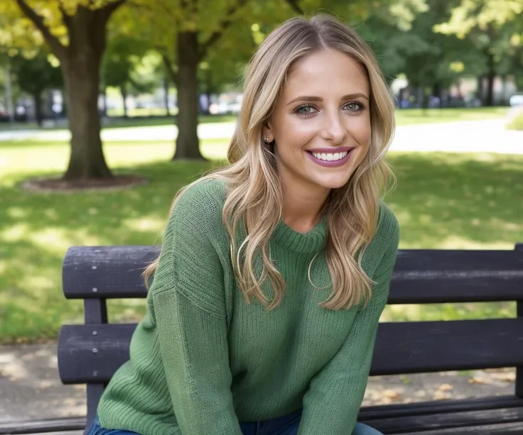 25yo sks woman sitting on a park bench. Looking into the camera. Dark green makeup. Smiling. Wearing jeans and a sweater. Daytime, sunshine. Matte skin, pores, colors, hyperdetailed, hyperrealistic. Natural, realistic, photograph. <lyco:locon_sarahmichellegellar_v1_from_v1_64_32:1.2>