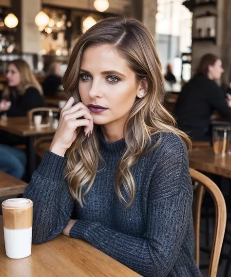 sks woman in a cafe. Looking into the camera. Very dark goth makeup. Wearing jeans and a sweater. Daytime, sunshine. Matte skin, pores, colors, hyperdetailed, hyperrealistic. Natural, realistic, photograph. <lyco:locon_sarahmichellegellar_v1_from_v1_64_32:1>