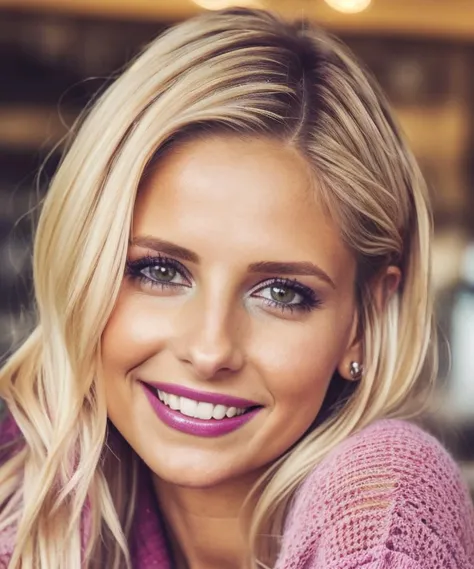 sks woman in a cafe. Looking into the camera. Very dark goth makeup. Wearing jeans and a sweater. Daytime, sunshine. Matte skin, pores, colors, hyperdetailed, hyperrealistic. Natural, realistic, photograph. <lyco:locon_sarahmichellegellar_v1_from_v1_64_32:1>