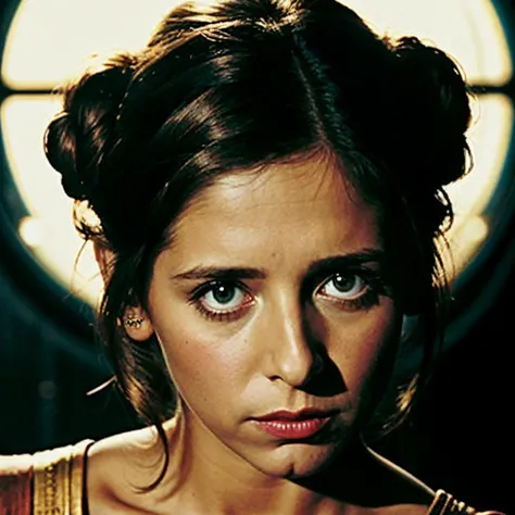 photo of sks woman on a starship, dressed as princess Leia, eye level, upper body, shot on Nikon D5, DLSR,