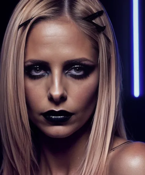 sks woman in a nightclub. Looking into the camera. Very dark goth makeup. Wearing a tight black dress. Night, dark, disco lighting. Matte skin, pores, colors, hyperdetailed, hyperrealistic. Natural, realistic, photograph. <lyco:locon_sarahmichellegellar_v1_from_v1_64_32:1>