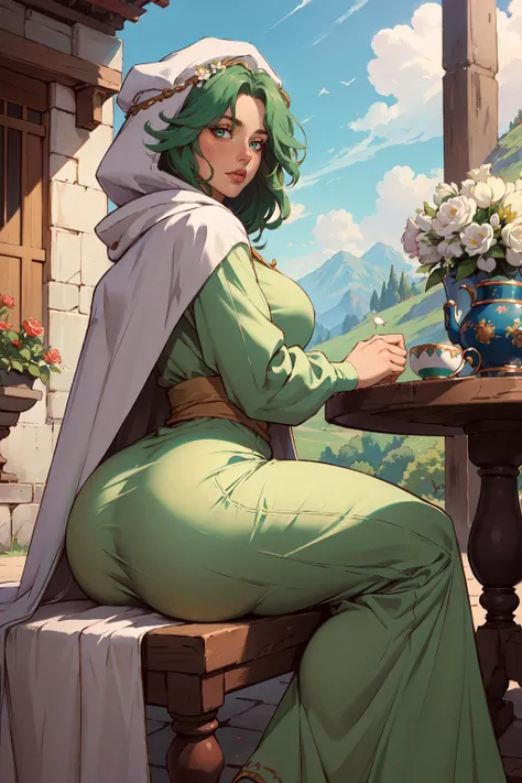 (masterpiece,best quality,absurdres,beautiful,aesthetic,detailed),sitting,outside,flowers,sunlight,1girl,safy,hood, white cloak, green dress, long sleeves, long dress,big booty,teacup <lora:safy-nvwls-v1:0.7>
