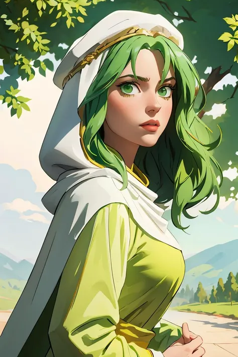 (masterpiece, best quality), 1girl,  <lora:safy-nvwls-v1:1> safy, green hair, hood, white cloak, green dress, long sleeves, long dress