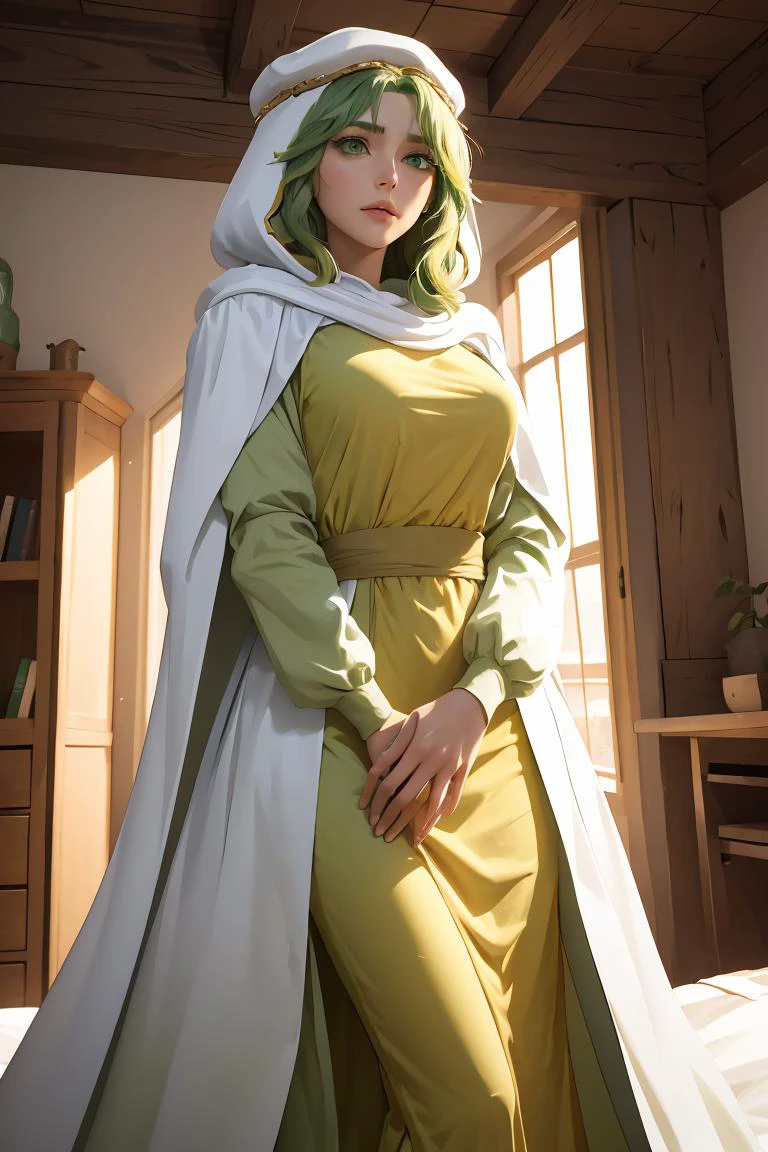 (masterpiece, best quality), 1girl, <lora:safy-nvwls-v1:1> safy, green hair, hood, white cloak, green dress, long sleeves, long dress