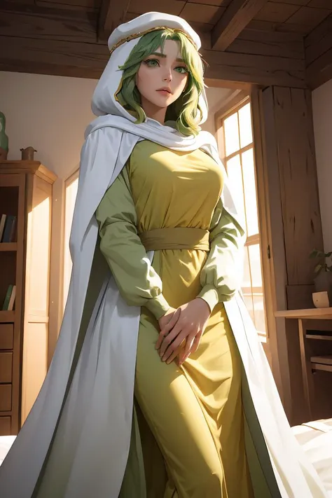 (masterpiece, best quality), 1girl,  <lora:safy-nvwls-v1:1> safy, green hair, hood, white cloak, green dress, long sleeves, long dress