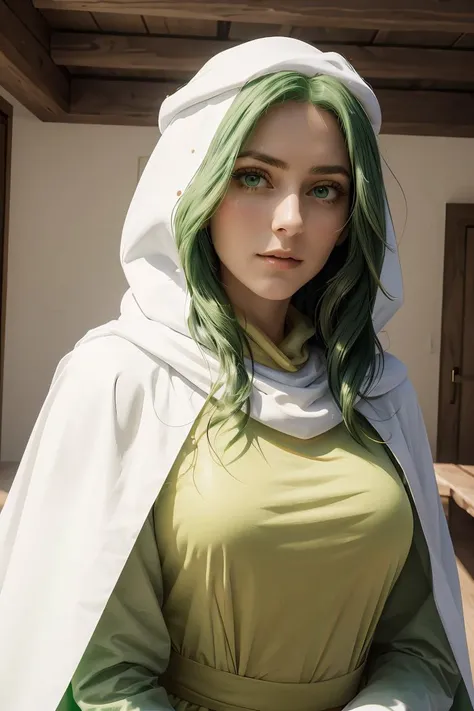 (masterpiece, best quality), 1girl,  <lora:safy-nvwls-v1:1> safy, green hair, hood, white cloak, green dress, long sleeves, long dress