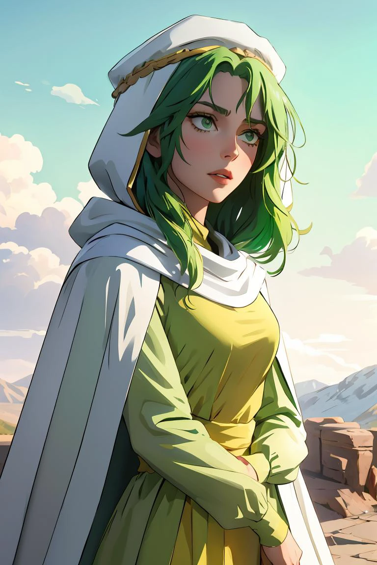 (masterpiece, best quality), 1girl, <lora:safy-nvwls-v1:1> safy, green hair, hood, white cloak, green dress, long sleeves, long dress
