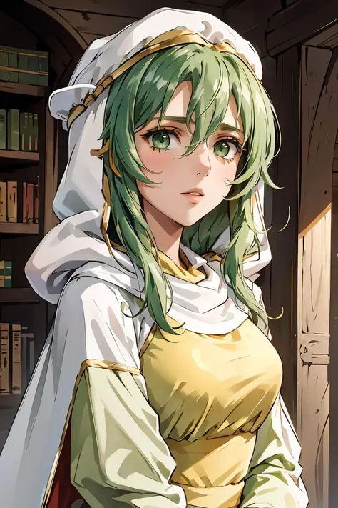 (masterpiece, best quality), 1girl,  <lora:safy-nvwls-v1:1> safy, green hair, hood, white cloak, green dress, long sleeves, long dress