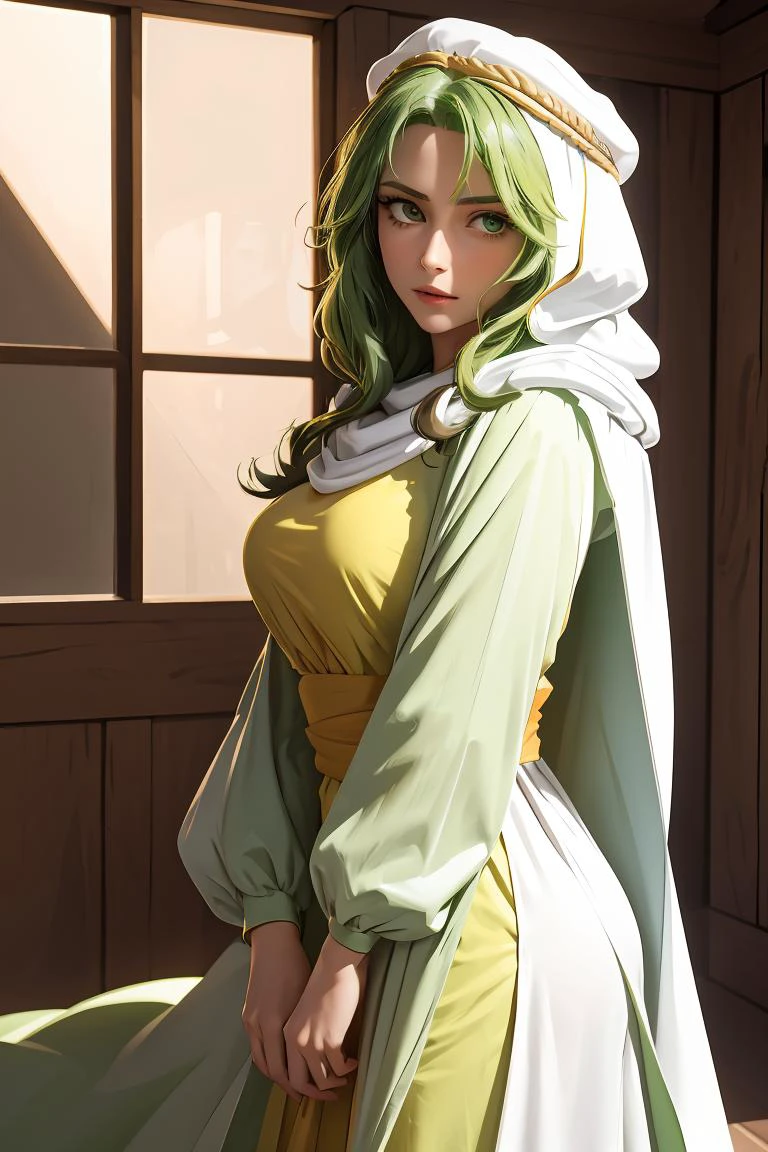 (masterpiece, best quality), 1girl, <lora:safy-nvwls-v1:1> safy, green hair, hood, white cloak, green dress, long sleeves, long dress