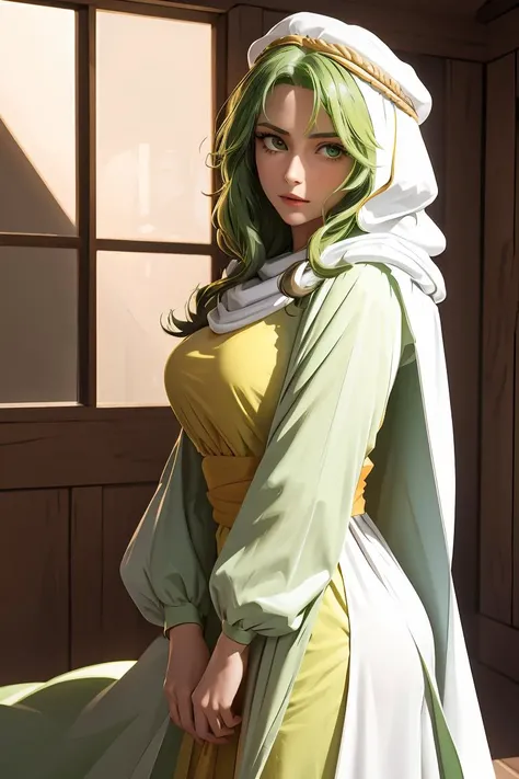 (masterpiece, best quality), 1girl,  <lora:safy-nvwls-v1:1> safy, green hair, hood, white cloak, green dress, long sleeves, long dress