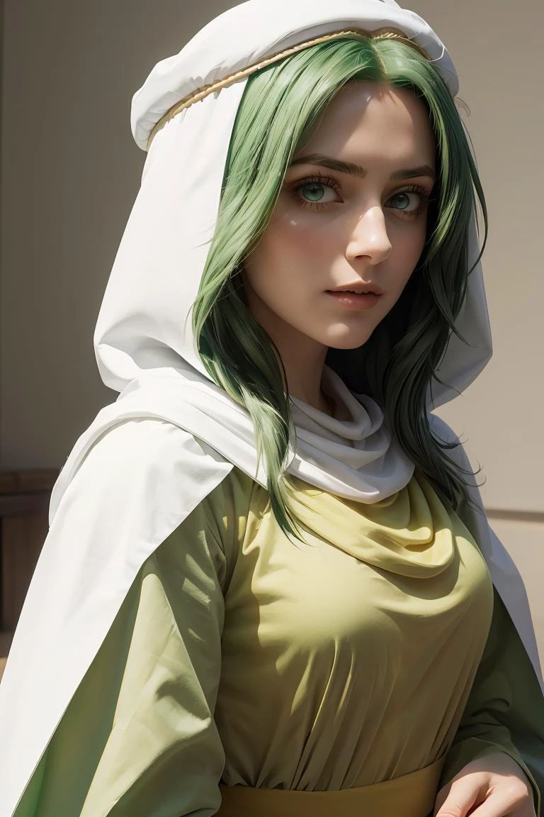(masterpiece, best quality), 1girl, <lora:safy-nvwls-v1:1> safy, green hair, hood, white cloak, green dress, long sleeves, long dress