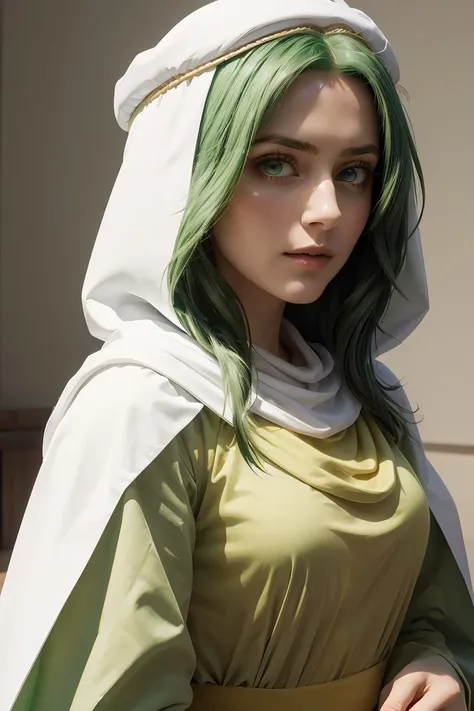 (masterpiece, best quality), 1girl,  <lora:safy-nvwls-v1:1> safy, green hair, hood, white cloak, green dress, long sleeves, long dress