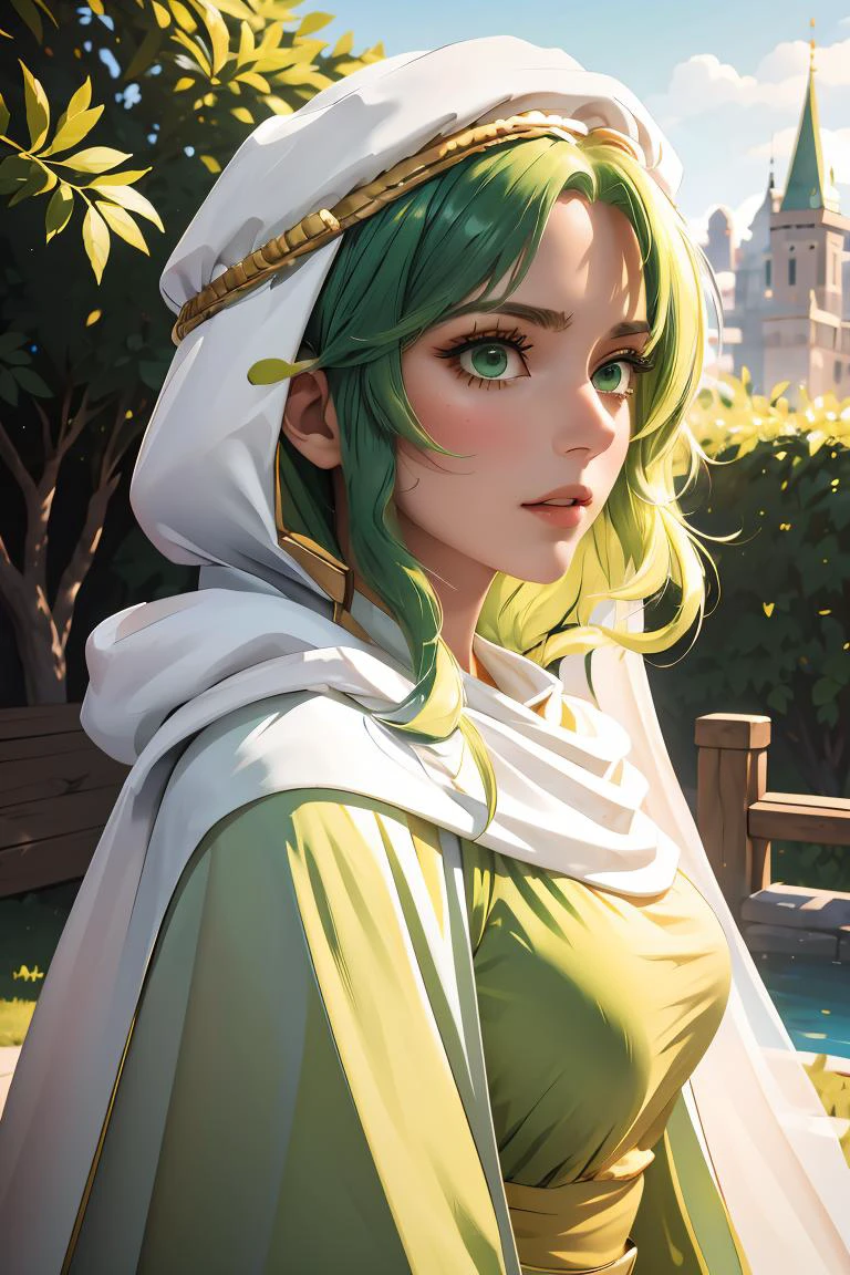 (masterpiece, best quality), 1girl, <lora:safy-nvwls-v1:1> safy, green hair, hood, white cloak, green dress, long sleeves, long dress