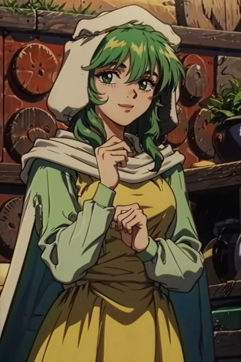 masterpiece, best quality, solo, 1girl, looking at viewer, smile, <lora:safy-nvwls-v1:0.9>, safy, green hair, hood, white cloak, green dress, long sleeves, long dress, <lora:Feovatest2:0.9>