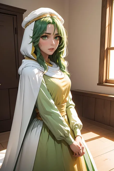 (masterpiece, best quality), 1girl,  <lora:safy-nvwls-v1:1> safy, green hair, hood, white cloak, green dress, long sleeves, long dress