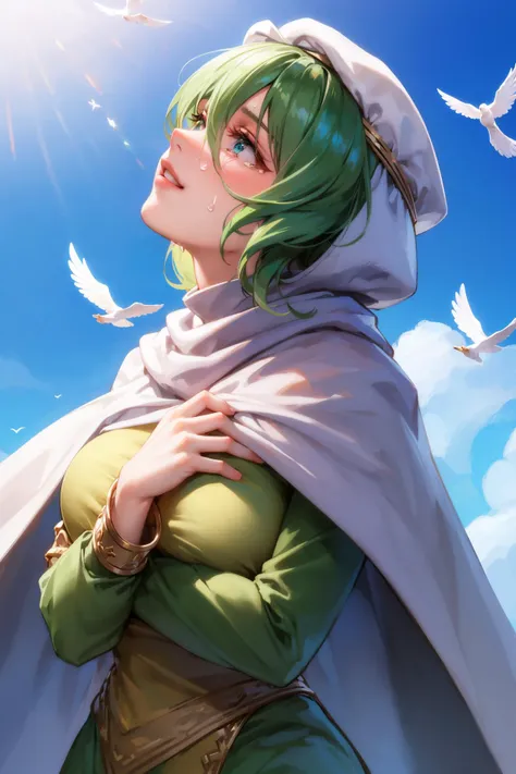 masterpiece, best quality, <lora:safy-nvwls-v1-000008:0.9> safy, hood, white cloak, green dress, long sleeves, long dress, upper body, looking up, blue sky, doves, smile, tears in eyes, clouds, abstract background, hand on own chest