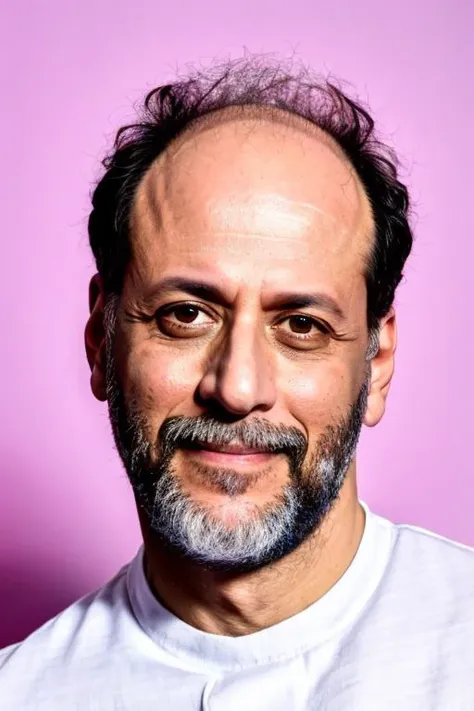 <lora:Luca_Guadagnino_Lora-10:0.9>, luca guadagnino, white tshirt, headshot, portrait, pastel background