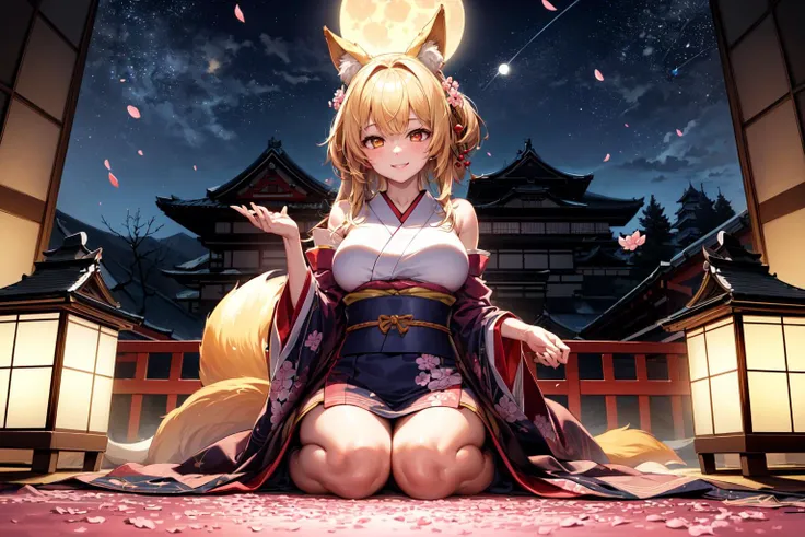 (masterpiece, best quality:1.3),beautiful detailed glow,best illuminate,(((best quality,textile shading,ultra detailed))),extremely detailed CG unity 8k wallpaper,Highly Detailed beautiful and aesthetic,best light,high resolution,detailed,dynamic lighting,
1girl, solo,smile ,
<lora:add_detail:0.5>,
blonde,fox girl, shadows, Japanese shrine maiden's clothes, large breasts, intricate details,
lotus position,
(Japanese castle, cherry blossoms, banquet, night, starry sky:1.3),(full moon,Japanese castle lit up:1.2),(cherry blossom petals:1.4),
<lora:ldlu_v1.0:1>