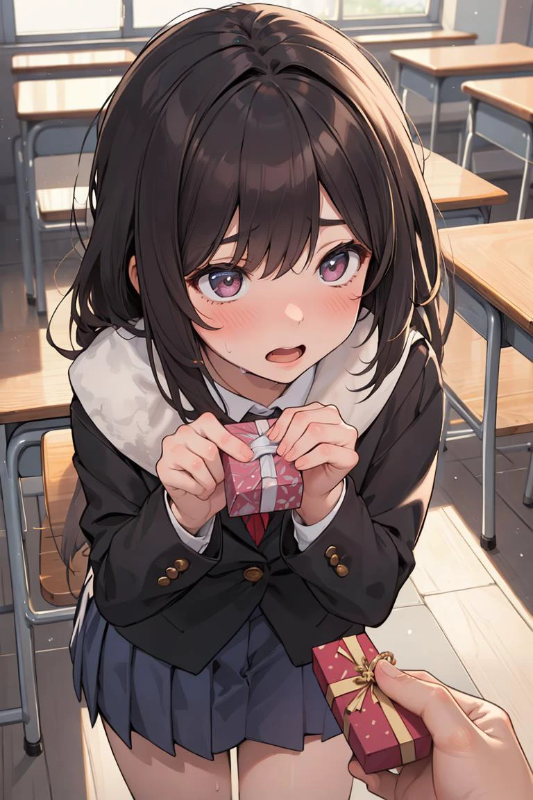 (masterpiece, best quality, ultra detailed), delicate pattern, detailed background, 1girl, solo, pov, girl receiving a present, class room, winter school uniform, blush, sweat, surprised from above, leaning forward, <lora:ldlu_v1.0:1.5>,