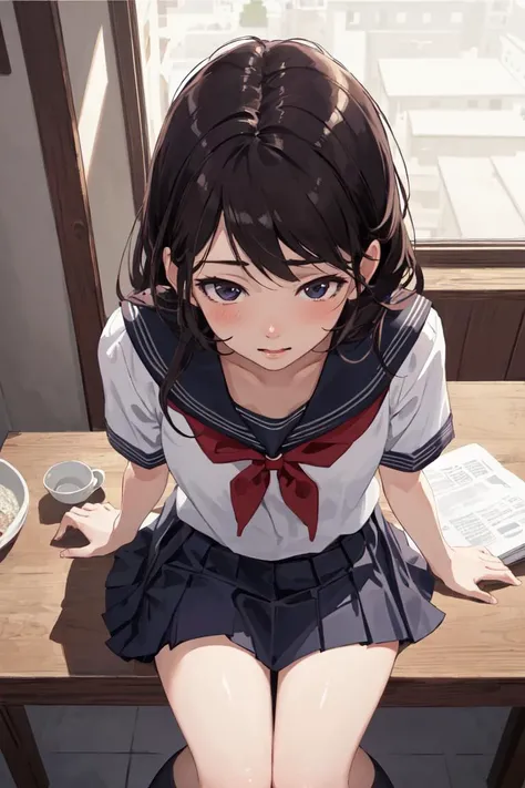 (masterpiece, best quality, ultra detailed, hyper realistic, photo),delicate pattern, detailed background, uncensored completely,
1girl, cowboy shot, japanese girl, indoors ,
school uniform, skirt,
perm, flat chest,
naughty face,
from above, sitting, <lora:ldlu_v1.0:1.5>,
<lora:flat2:0.1>