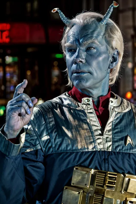 Blue Skin <lora:race_st_andorian:0.75> Biden andorian man, antennae, colored skin, white hair, blue skin, blue eyes, red undershirt, silver blue uniform, city lights background