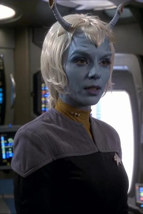 andorian woman, white hair, white eyebrows, blue skin, antennae, wearing ds9st uniform, yellow collar, scifi starship interior,  <lora:race_st_andorian:0.75>, <lora:DS9_768V12:0.7>