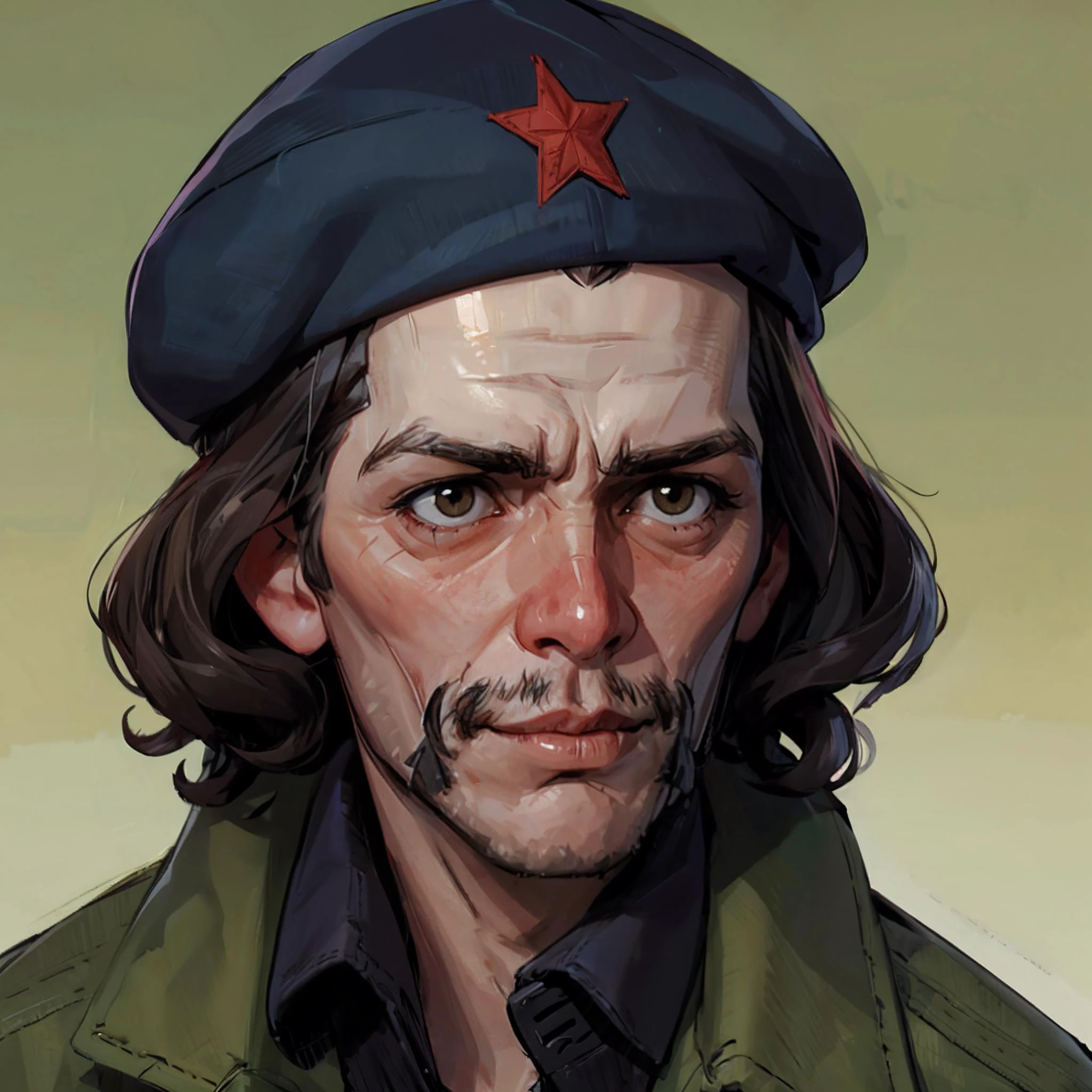 che guevara, <lora:Che Guevara_c3gu3:0.8> c3gu3 <lora:DE_Alexander_Rostov:0.8> A_Rostov_Style, military fatigues, beret, high quality, highly detailed, portrait