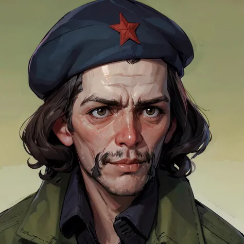 che guevara,  <lora:Che Guevara_c3gu3:0.8> c3gu3 <lora:DE_Alexander_Rostov:0.8> A_Rostov_Style, military fatigues, beret, high quality, highly detailed, portrait