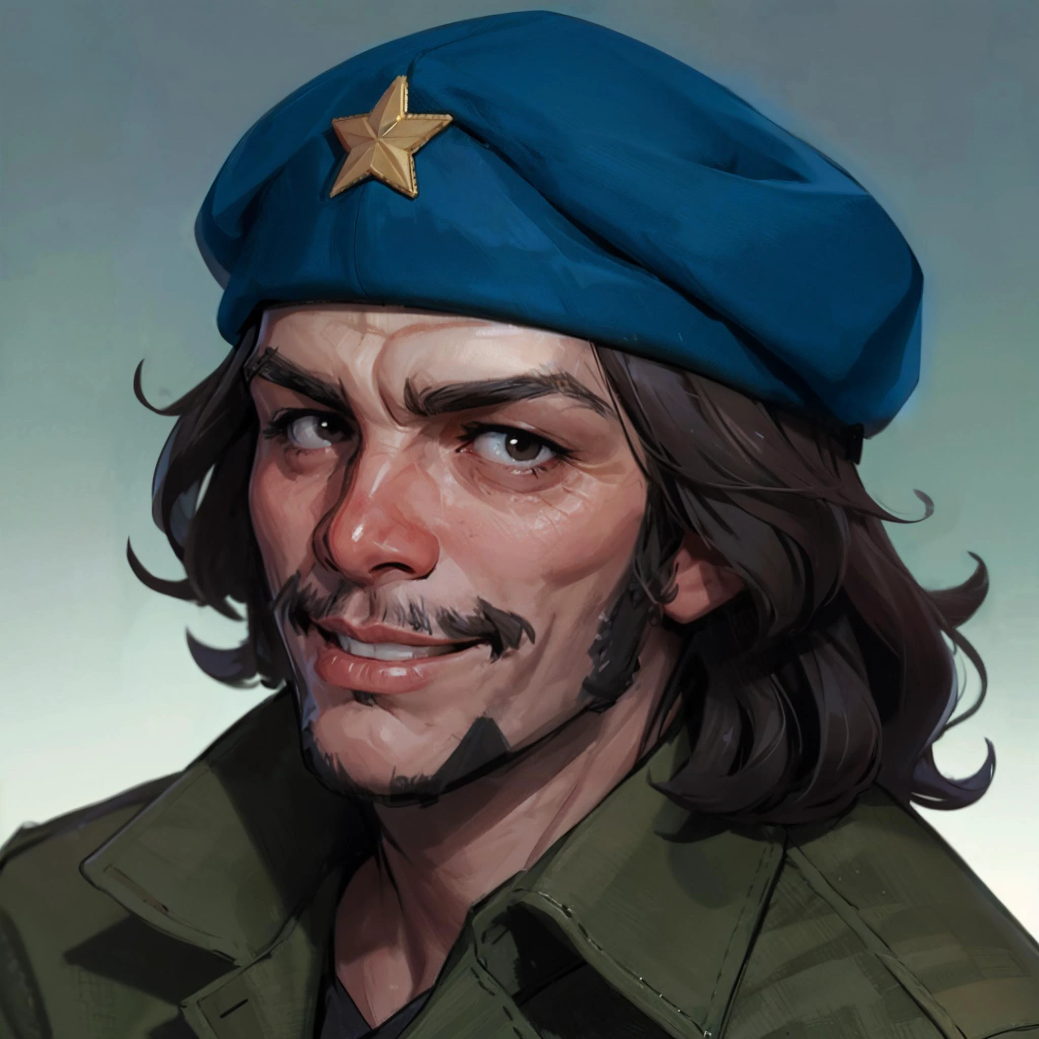 che guevara, <lora:Che Guevara_c3gu3:0.8> c3gu3 <lora:DE_Alexander_Rostov:0.8> A_Rostov_Style, military fatigues, beret, facial hair, ((handsome)), high quality, highly detailed, portrait, smirk,