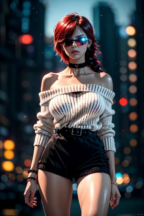 three-quarters body photo of RanmaChan, (unparalleled masterpiece, highres, best quality photo:1.1), (exquisite detail, steamy cyber-model photo:1.1), light particles, (cyberpunk setting:1.15), (from below pov, hands on hips:1.2), (futuristic:1.1) cyberpunk skyline,
BREAK
(huge_breasts:1.3), athletic body, slight smirk, (shiny oiled skin:1.1), realistic skin texture, thin slender figure, skinny, thin thighs, leather thighigh boots, choker,
BREAK
professional photography, (photorealistic:1.2), sharp focus, fantastic illumination, (stunningly beautiful:1.2), sensual color pallet, subsurface scattering, amazing reflections, refraction, (surreal bokeh:1.1), dark shadows, perfect contrast,
BREAK
(sw3ater, off-shoulder sweater, cyber-silk sweater, white sweater:1.2), (scifi romper:1.15), (detailed sexy sunglasses), realistic reflections on sunglasses, sensual mist, (neon city night:1.15),
BREAK
(glittering ruby hair:1.2), gaze into the sky, (motion blur:1.15), single_braid, (blushing:1.1), slick skin, sexy cyberpunk theme, amazing RAW color photo, scifi buildings made of neon and glass, glowing dust,
<lora:add_detail:0.25>, <lora:RanmaChanV3:0.5>, <lora:sw3ater:0.65>, <lora:glowingdust:0.2>