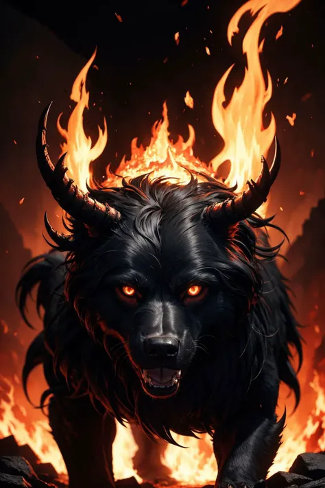 masterpiece, 4k, extreme resolution, highly intricate, studio quality, extremely detailed, Hellhound, fiery underworld terrain, molten lava:0.25, charred fur, ember-lit eyes, demonic silhouette, demonic flames, relentless pursuit, hellish torment, soft lighting, hard shading